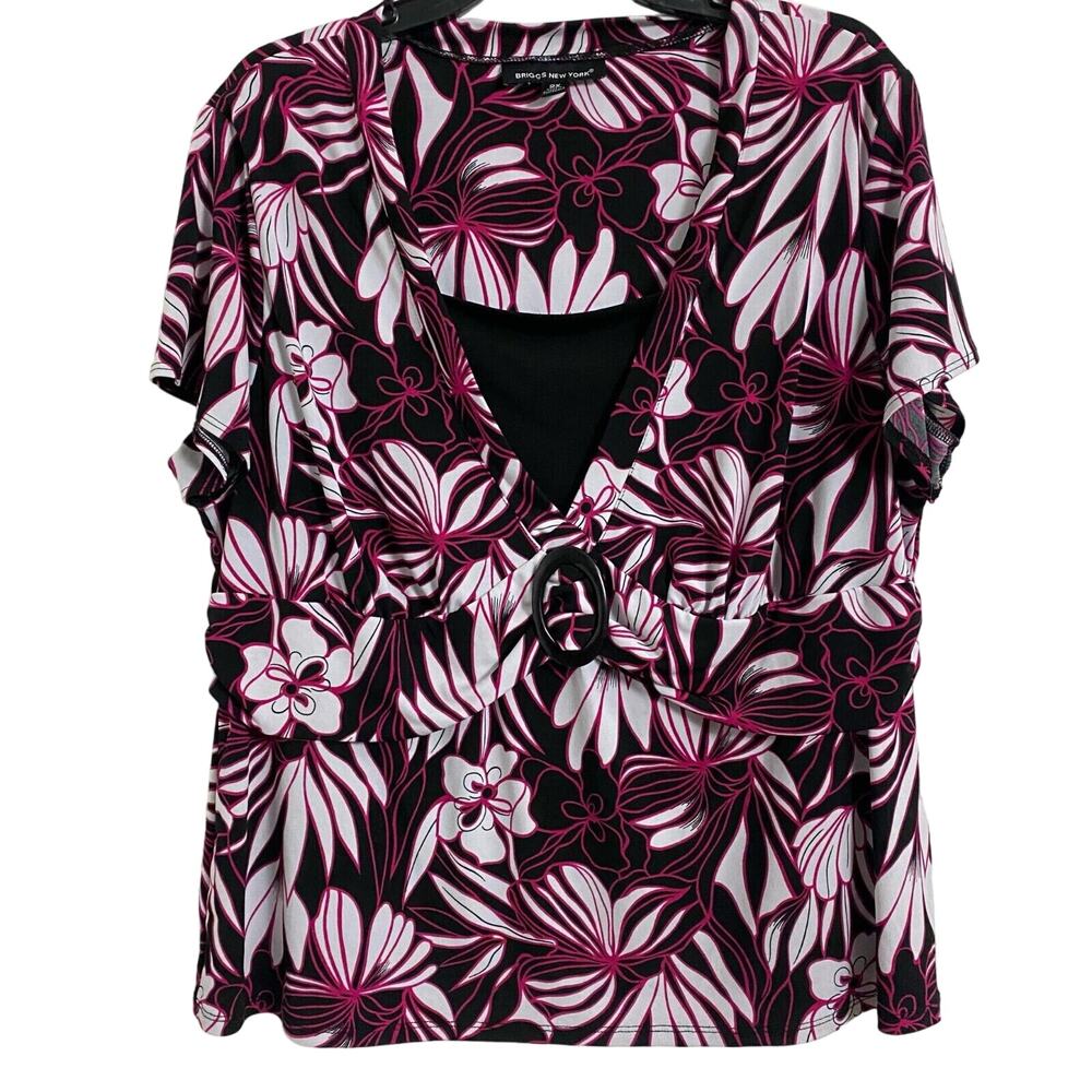 Briggs New York Women's Size 2X Black White/Pink Floral Print Blouse Bloomcore